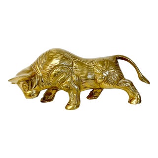 Mid-Century Hollywood Regency Rustic Spanish Heavy Solid Brass Bull Figurine For Sale