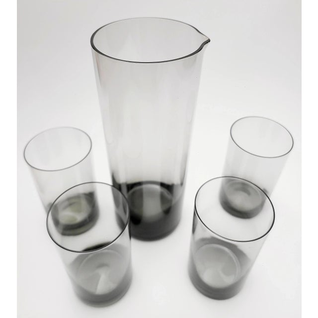 Mid century Kaj Franck for Nuutajärvi Finland elegant smoke gray martini pitcher and four glasses. Chic cylindrical smoke...