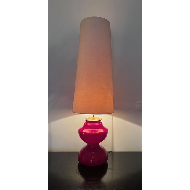 70's floor lamp in glass and brass with original lampshade ( stains to be noted ) base height 35cm diameter 25cm European...