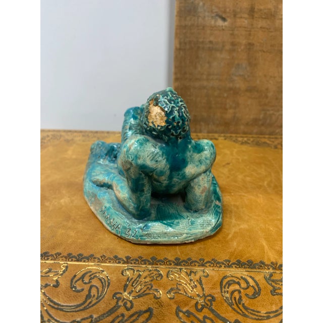 1930s Pair of Signed 1932 Ceramic Glazed Faun Sculptures For Sale - Image 5 of 12