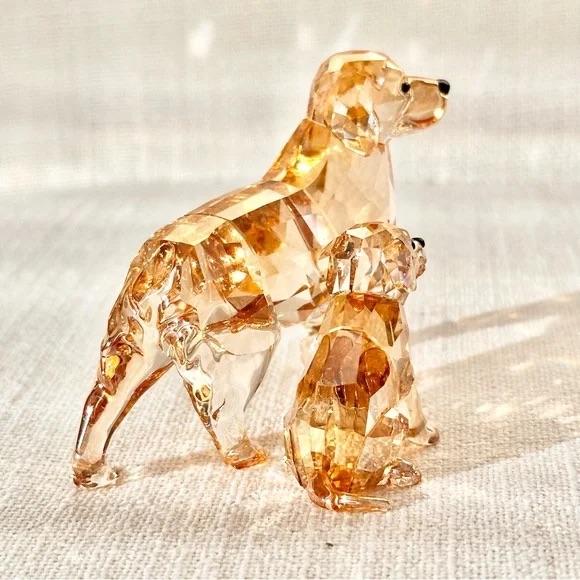 Modern Swarovski Crystal Golden Retriever Mom and Pup Figurine Set Retired Gold For Sale - Image 3 of 14