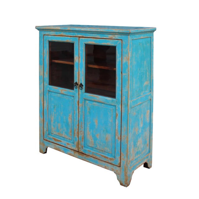 Distressed Bright Blue Glass Display Bookcase Curio Cabinet For Sale - Image 4 of 7