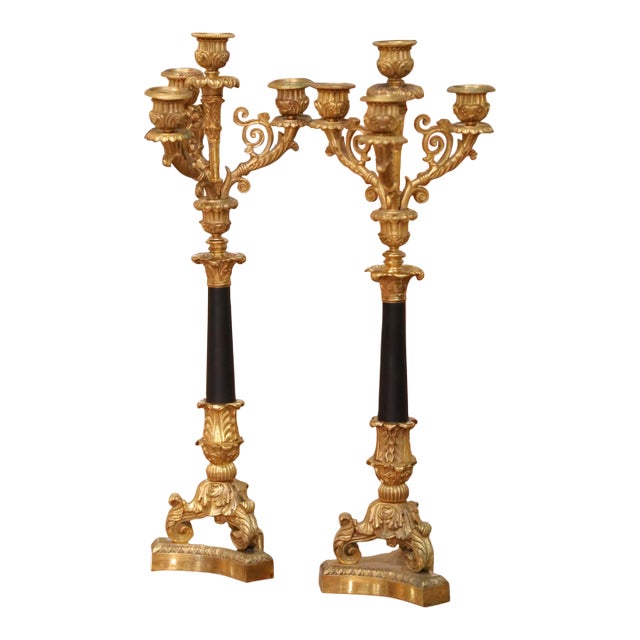 Pair of 19th C. French Empire Bronze and Patinated Brass Four-Light Candelabra For Sale