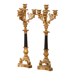 Pair of 19th C. French Empire Bronze and Patinated Brass Four-Light Candelabra