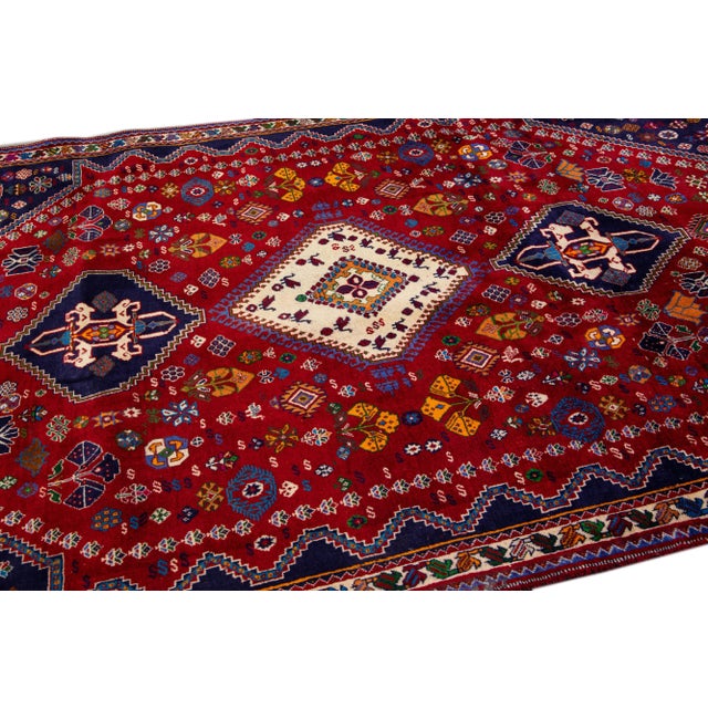 Islamic Vintage Handmade Shiraz Red Geometric Wool Rug 5'9" X 10'0" For Sale - Image 3 of 10