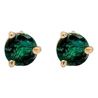 Round 5mm - Martini Zambian Emerald Solitaire Studs in Solid 14k Gold, A Pair For Sale