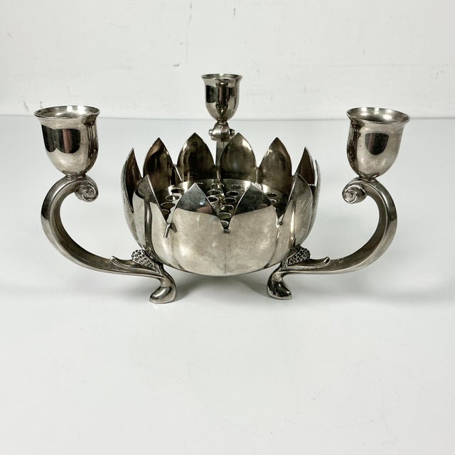 Mid 20th Century Mid-Century Chinoiserie Hollywood Regency Lotus Flora Centerpiece Vase With Three Candleholders For Sale - Image 5 of 12