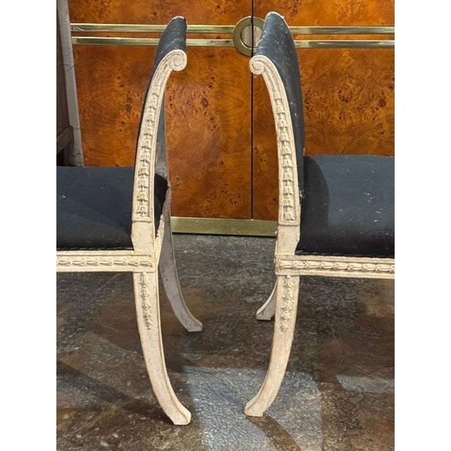 Transitional Pair of Vintage Swedish Carved and Painted Benches For Sale - Image 3 of 8