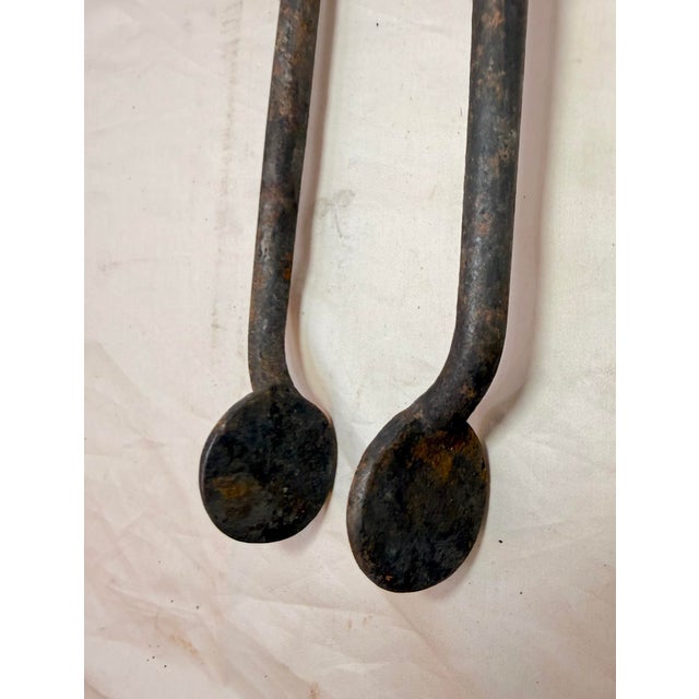 18th Century Antique 18th Century Wrought Iron Turned Brass English Fireplace Tongs Tool 4 For Sale - Image 5 of 9