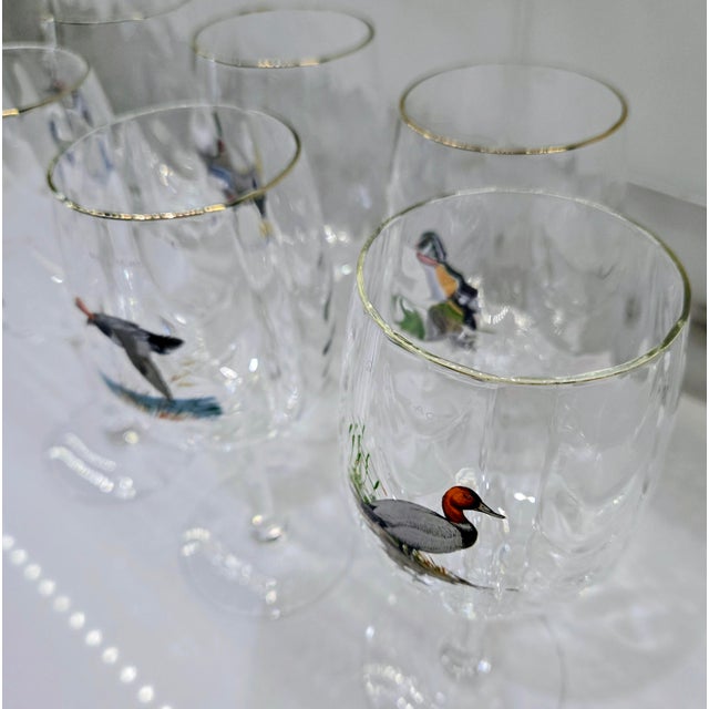 Vintage Ned Smith Waterfowl Series 22k Gold Rim Crinkle Wine Glasses Set of 6 For Sale - Image 4 of 14