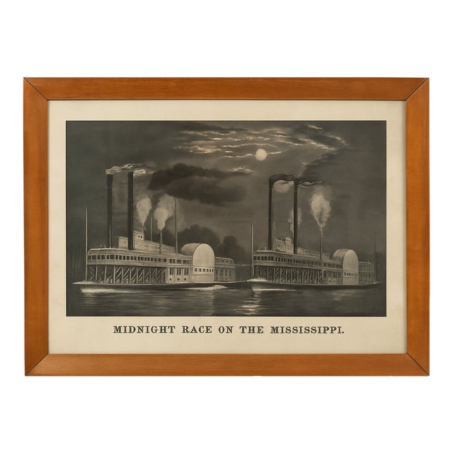 “Midnight Race on the Mississippi” Framed Lithograph After Currier & Ives, C. 1940s–50s For Sale