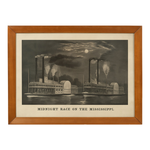 “Midnight Race on the Mississippi” Framed Lithograph After Currier & Ives, C. 1940s–50s