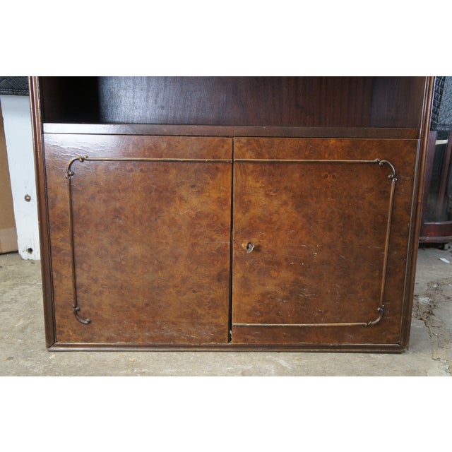 Wood 1940s Mid Century Walnut Burl Carved Library Bookcase Bookshelf Cabinet Drawers 58" For Sale - Image 7 of 14