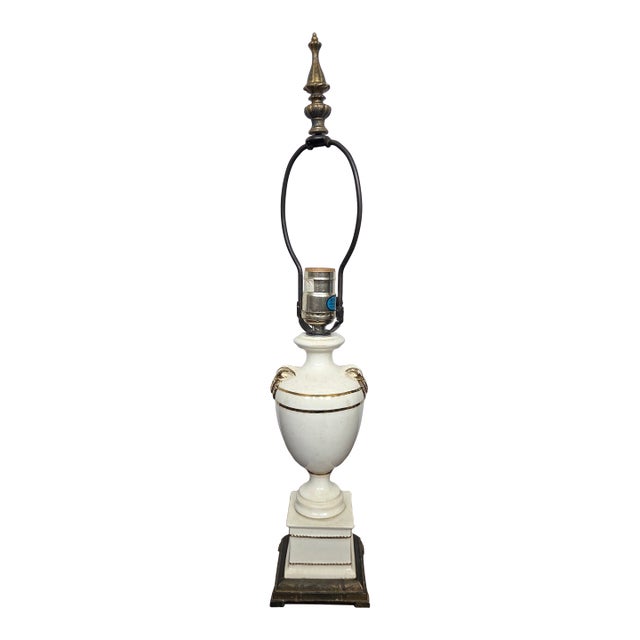 1930s Neoclassical Regency Davart Ceramic & Brass Ram's Head Urn Table Lamp For Sale