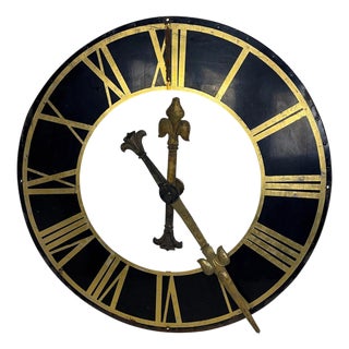 Black Church Clock Face with Gilt Roman Numerals and Hands-19th Century For Sale
