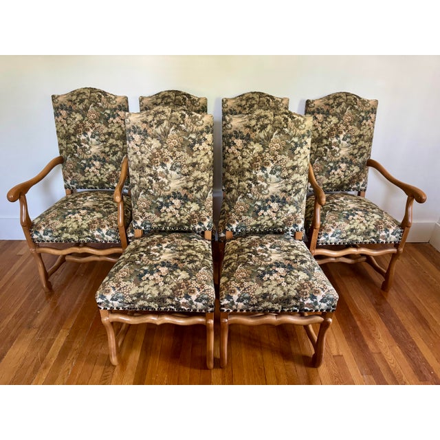 Set of 6 French Louis XIII style Os de Mouton dining chairs in blonde oak upholstered in verdure tapestry with antique...