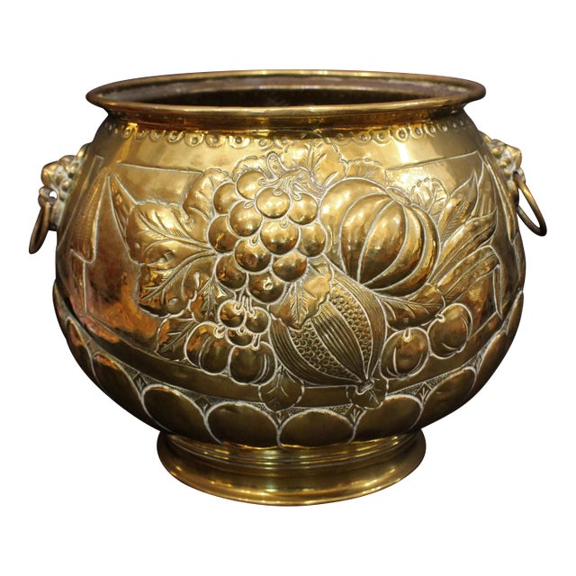 Circa 1860-80 English Circular Repousse Brass Jardiniere For Sale