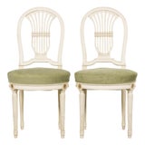 Pair of French Louis XVI Neoclassical Style Painted Lyre Back Accent Chairs in Laurel Green Velvet For Sale