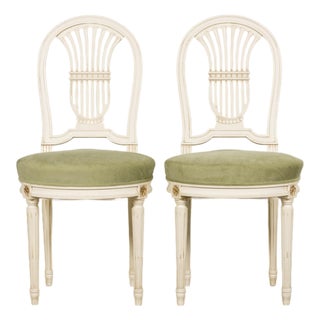 Pair of French Louis XVI Neoclassical Style Painted Lyre Back Accent Chairs in Laurel Green Velvet For Sale