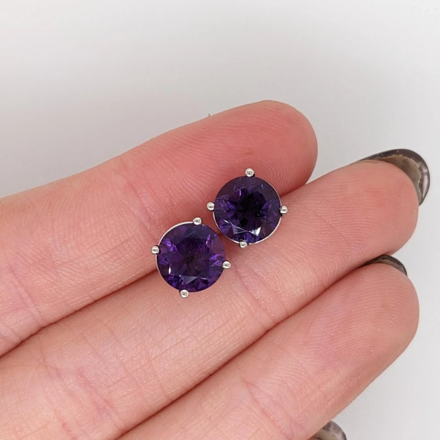 Modern Amethyst Four Prong Martini Stud Earrings in Solid 14k Gold Round - 2 Pieces For Sale - Image 3 of 7