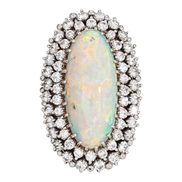 Vintage Elongated 9ct Opal 2.25ct Diamond Ring 14k White Gold Sz 5.5 Cocktail For Sale