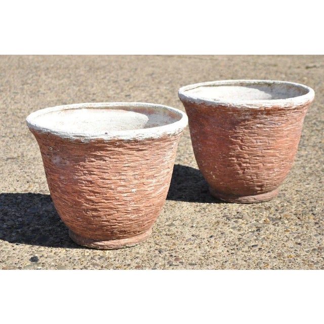 Red Pair of Vtg Red Distress Painted Fiberglass Round Garden Planter Pots Faux Stone For Sale - Image 8 of 9