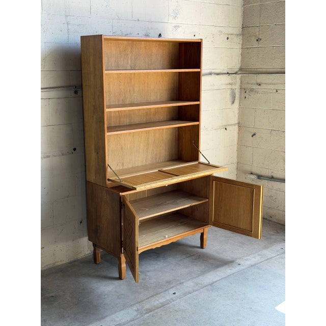Mid 20th Century Vintage Danish Oak Secretary Cabinet in Style of Henning Kjærnulf Scandinavian Bookcase Hutch For Sale - Image 5 of 9