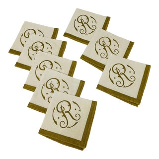 Vintage Linen Cocktail Napkins With Gold "R" Monogram Set of 8 For Sale