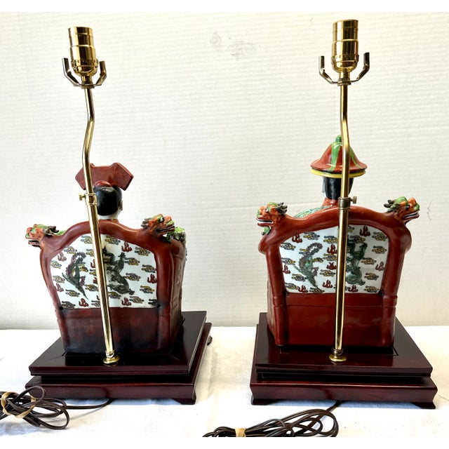 Chinese 1960s Chinese Emperor & Empress Table Lamps With Shades - a Pair For Sale - Image 3 of 12