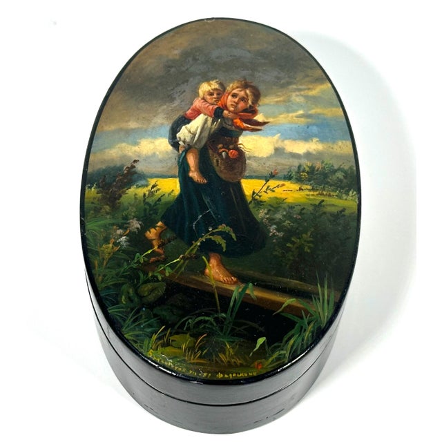 Fedoskino-School Russian Lacquered Box for your consideration. The box measures approx. 4 3/8 inches long, 3 inches wide...