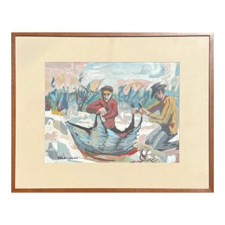 Otis Dozier Modern Early Texas Western Wilderness Landscape Scene of Two Men and a Hog, 1944 For Sale