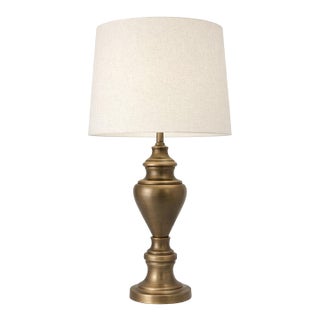Vintage Antiqued Brass Urn Table Lamp With Linen Drum Shade – 28” Traditional Neoclassical Lighting For Sale