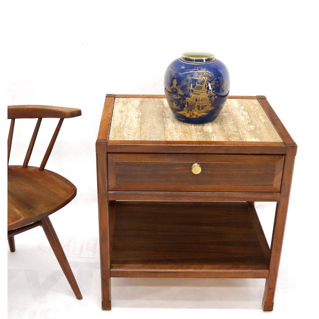 Mid-Century Modern superb quality one drawer and shelf solid walnut end side table Stand with travertine top NY John...