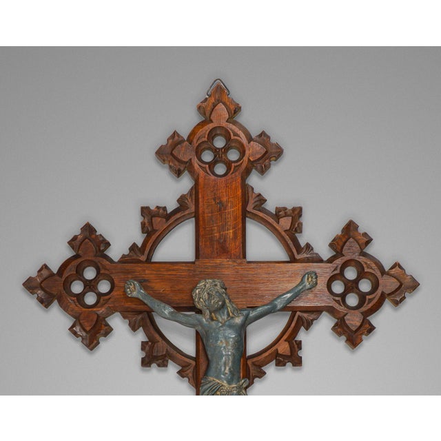 Antique Neo-Gothic Carved Oak Crucifix with Bronzed Spelter Corpus Christi, 19th Century For Sale - Image 4 of 7