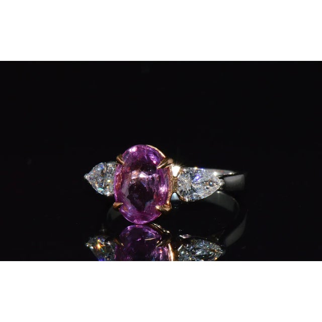 Contemporary GIA Natural 3.88CTS VVS D Diamond Pink Sapphire Platinum 18K Gold Engagement Ring, size 6.25 For Sale - Image 3 of 9
