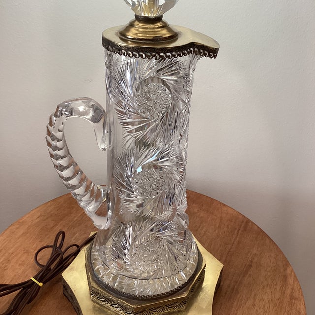 Transparent Vintage Neoclassical Style Waterford Brilliant Cut Pitcher Vase Table Lamp With Beaded and Sequined Brown Shade For Sale - Image 8 of 12