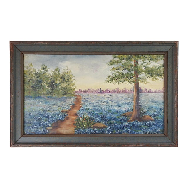 Vintage Texas Bluebonnet Landscape Painting | Chairish