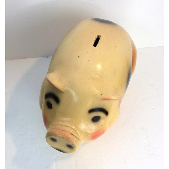 Large Mid-Century Ceramic Piggy Bank with rosy pink cheeks, and black spots. Piggy measures 14.5" x 8" x 8"