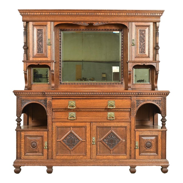 Herter Brothers Style Antique English Victorian Carved Oak Mirrored Back Bar or Sideboard, Circa 1890s For Sale