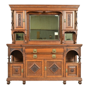 Herter Brothers Style Antique English Victorian Carved Oak Mirrored Back Bar or Sideboard, Circa 1890s