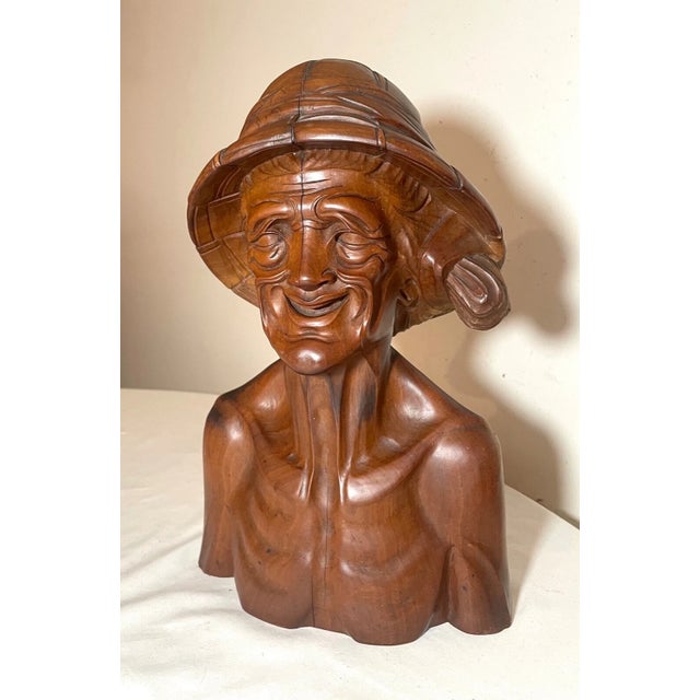 Antique 1800's Hand Carved Wooden Japanese Elder Old Man Bust Sculpture Statue For Sale - Image 9 of 12
