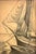 This vintage charcoal and pencil drawing on board.features a nautical scene with a sailboat and a dinghy anchored on a...