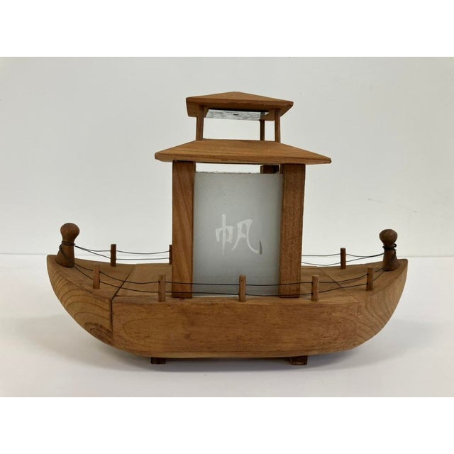 1970s Vintage Japanese Wooden Boat Lamp With Frosted Glass Panel For Sale - Image 5 of 5