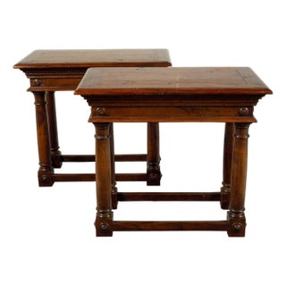 Pair of Italian 19th Century Carved Walnut Console Tables with Doric Columns For Sale
