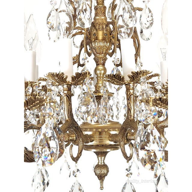 Metal Antique 18 Light Regal Regency Brass Cut Lead Glass Crystal Chandelier For Sale - Image 7 of 12