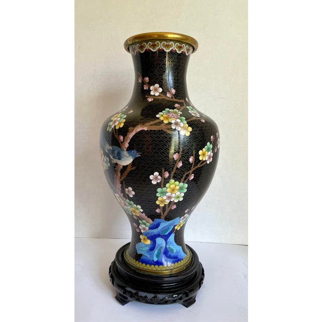 Wood Vintage Chinese Cloisonné Enamel Vase With Cherry Blossoms, Bird & Butterfly For Sale - Image 7 of 12