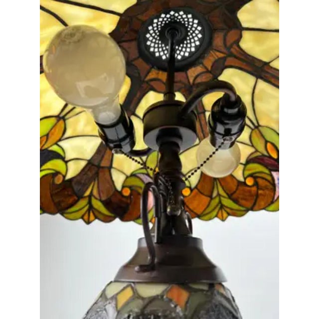 Art Nouveau Tiffany Style Brown & Green Stained Glass Table Lamp, a Pair For Sale - Image 10 of 12