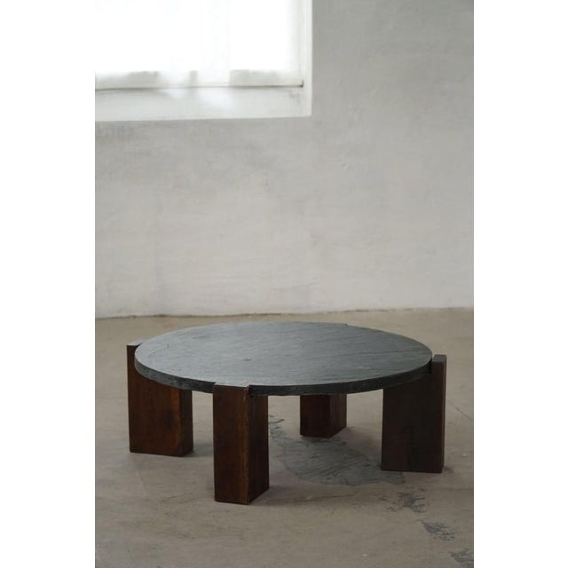 Brutalist French Round Coffee Table in Oak and Slate, 1970s For Sale - Image 15 of 17