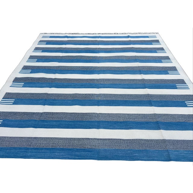 Textile Handmade Cotton Area Rug, Sky Blue and White Cotton Vegetable Dyed Striped Dhurrie-9'x12' For Sale - Image 7 of 12