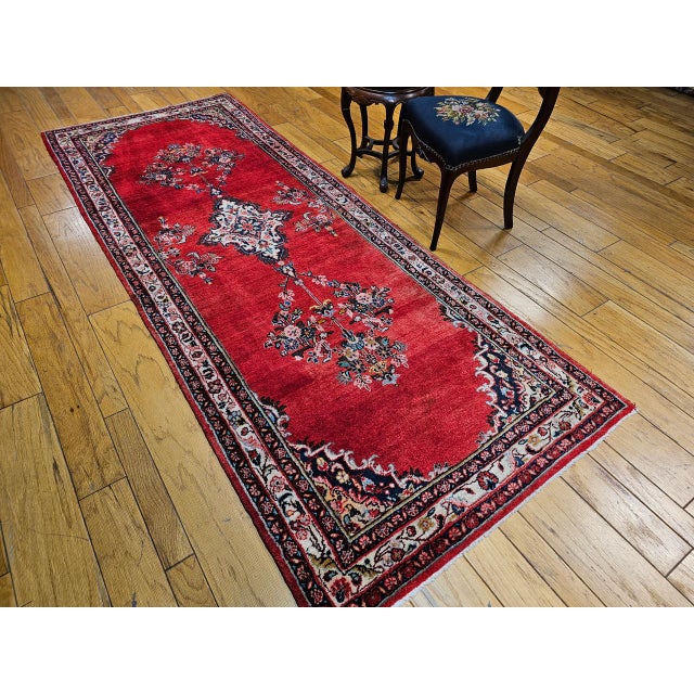 Vintage Hamadan Wide Runner, Hand-Knotted Wool, Open Field Geometric Pattern, Red & Ivory. 4x10 For Sale In Chicago - Image 6 of 18